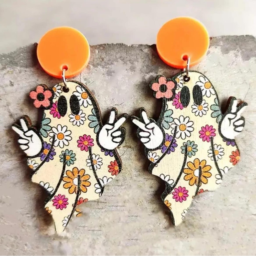 Wooden Cutout Stud Dangle - Peace Ghost